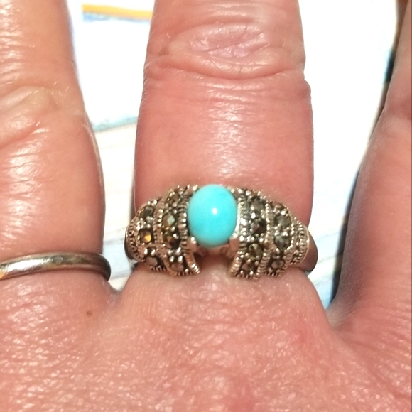 VTG Sleeping Beauty Turquoise Marcasite Sterling Silver Ring - Picture 6 of 6